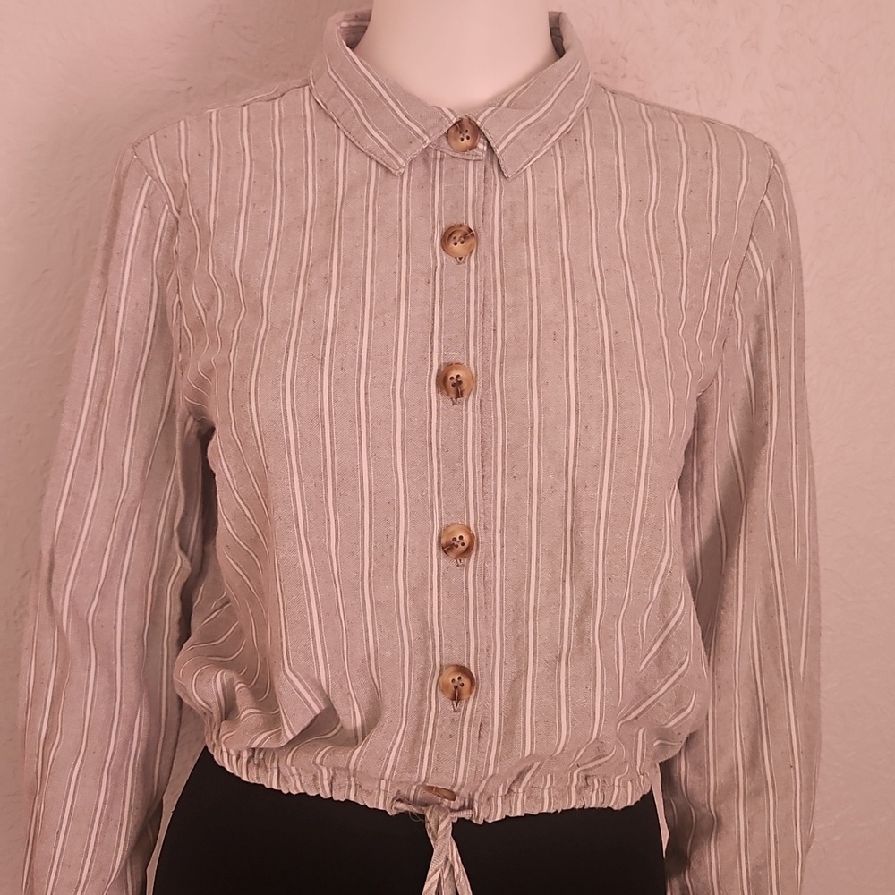 TIMING Sage Striped Drawstring Waist Button Down Long Sleeve Shirt - Picture 4 of 7